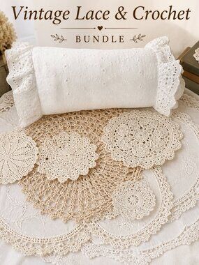 Vintage Cottagecore Lace & Crochet Doily Bundle Eyelet Ruffle Bolster Pillow Set